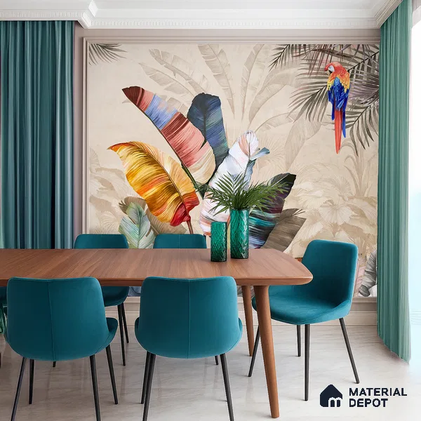 Feathers of the Painted Tropical Mist Nature Art | WP 04001 Non Woven Matte Finish Tropical Style Premium Customized size Wallpaper | 150 GSM WP01MTF Paper | (MOQ = 30 Sq. Ft.) | Design change not possible