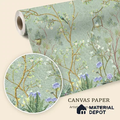 Whispers of a Spring Garden Tropical Mist Nature Art | WP 04002 B Canvas Texture Finish Chinoiserie Style luxurious Customized size Wallpaper | 250 GSM WP01CNF Paper | (MOQ = 30 Sq. Ft.)