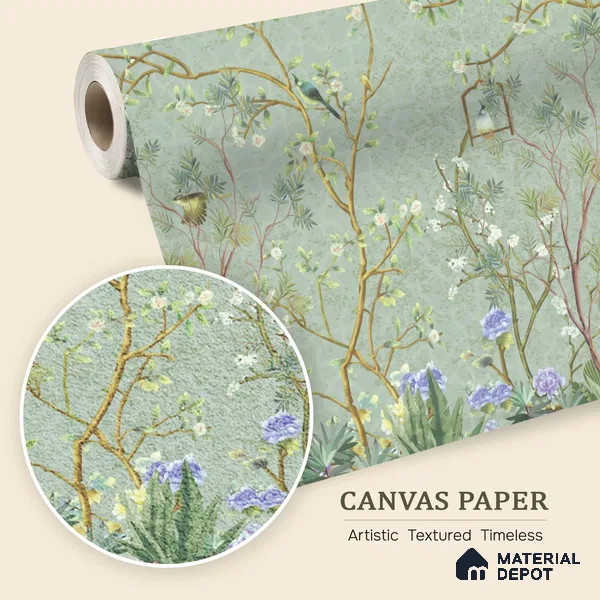 Whispers of a Spring Garden Tropical Mist Nature Art | WP 04002 B Canvas Texture Finish Chinoiserie Style luxurious Customized size Wallpaper | 250 GSM WP01CNF Paper | (MOQ = 30 Sq. Ft.)