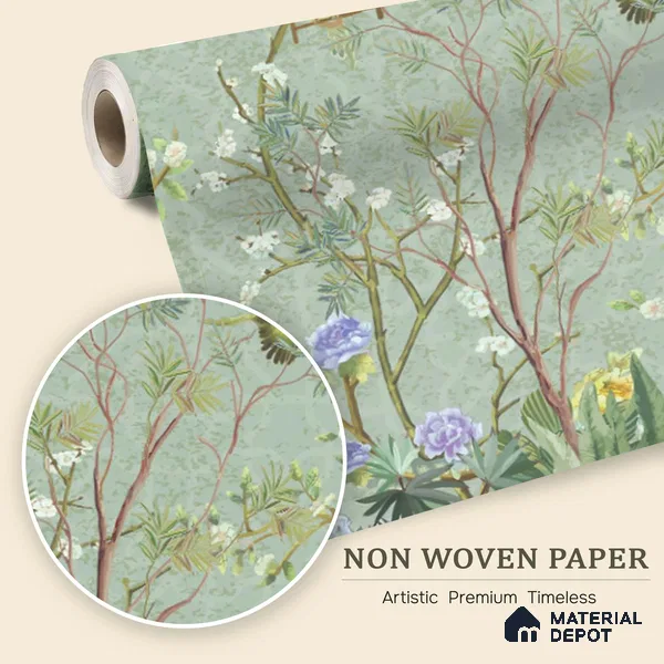 Whispers of a Spring Garden Tropical Mist Nature Art | WP 04002 Non Woven Matte Finish Chinoiserie Style Premium Customized size Wallpaper | 150 GSM WP01MTF Paper | (MOQ = 30 Sq. Ft.)