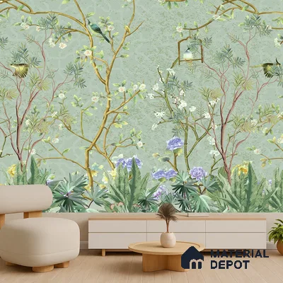 Whispers of a Spring Garden Tropical Mist Nature Art | WP 04002 Non Woven Matte Finish Chinoiserie Style Premium Customized size Wallpaper | 150 GSM WP01MTF Paper | (MOQ = 30 Sq. Ft.)