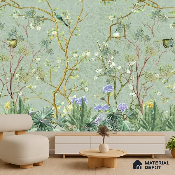Whispers of a Spring Garden Tropical Mist Nature Art | WP 04002 Non Woven Matte Finish Chinoiserie Style Premium Customized size Wallpaper | 150 GSM WP01MTF Paper | (MOQ = 30 Sq. Ft.)