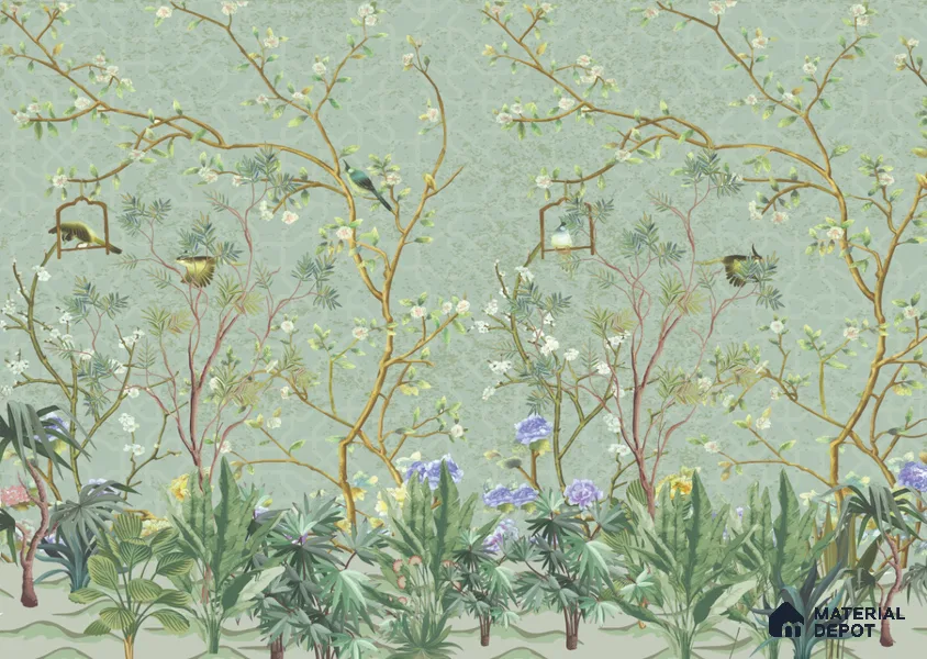 Whispers of a Spring Garden Tropical Mist Nature Art | WP 04002 Non Woven Matte Finish Chinoiserie Style Premium Customized size Wallpaper | 150 GSM WP01MTF Paper | (MOQ = 30 Sq. Ft.)