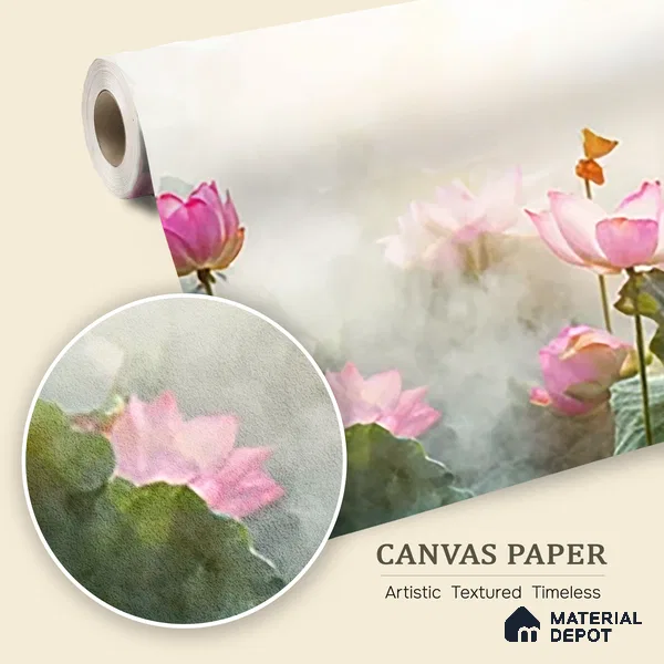 Lotus at Dawn Tropical Mist Nature Art | WP 04006 B Canvas Texture Finish Florals Style luxurious Customized size Wallpaper | 250 GSM WP01CNF Paper | (MOQ = 30 Sq. Ft.)
