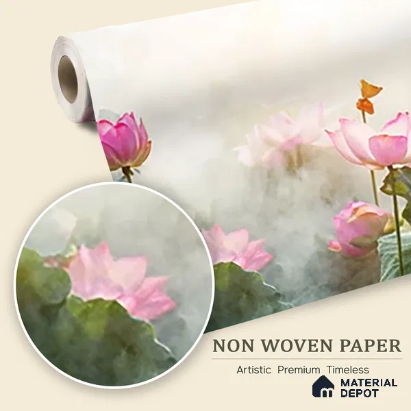 Lotus at Dawn Tropical Mist Nature Art | WP 04006 Non Woven Matte Finish Tropical Style Premium Customized size Wallpaper | 150 GSM WP01MTF Paper | (MOQ = 30 Sq. Ft.)