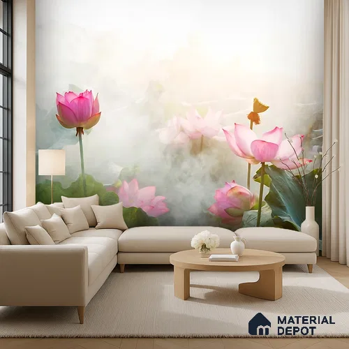 Lotus at Dawn Tropical Mist Nature Art | WP 04006 Non Woven Matte Finish Tropical Style Premium Customized size Wallpaper | 150 GSM WP01MTF Paper | (MOQ = 30 Sq. Ft.)