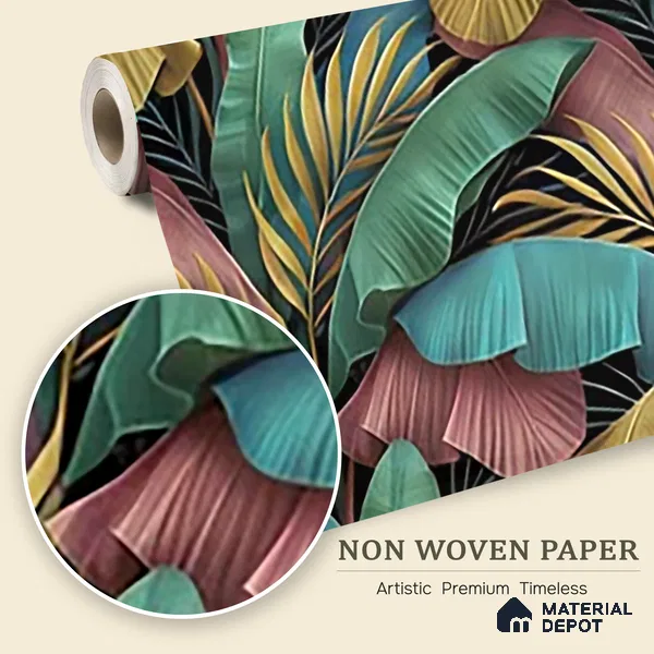 Tropical Rhythm Leafy Hues Botanical Wall Art | WP 04007 Non Woven Matte Finish Tropical Style Premium Customized size Wallpaper | 150 GSM WP01MTF Paper | (MOQ = 30 Sq. Ft.)