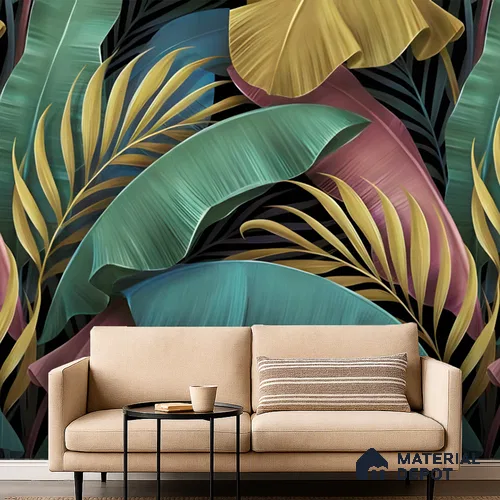 Tropical Rhythm Leafy Hues Botanical Wall Art | WP 04007 Non Woven Matte Finish Tropical Style Premium Customized size Wallpaper | 150 GSM WP01MTF Paper | (MOQ = 30 Sq. Ft.)