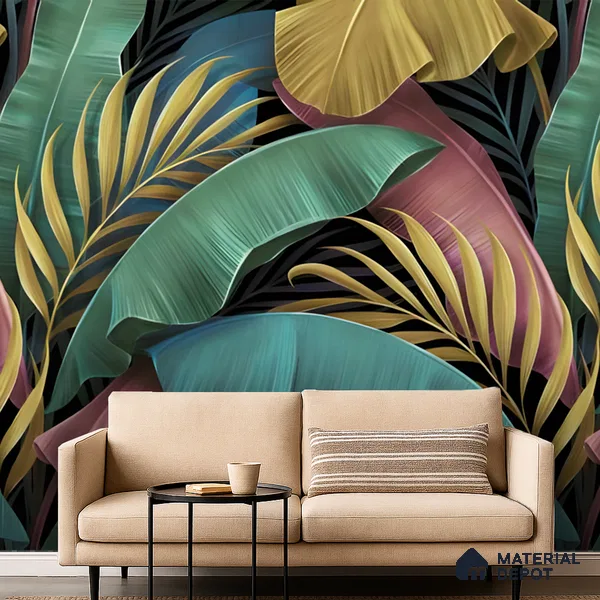 Tropical Rhythm Leafy Hues Botanical Wall Art | WP 04007 Non Woven Matte Finish Tropical Style Premium Customized size Wallpaper | 150 GSM WP01MTF Paper | (MOQ = 30 Sq. Ft.)