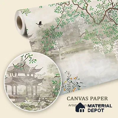 Whispering Grove Chinoserie Blossom Oriental Mural Art | WP 04008 B Canvas Texture Finish Chinoiserie Style luxurious Customized size Wallpaper | 250 GSM WP01CNF Paper | (MOQ = 30 Sq. Ft.)