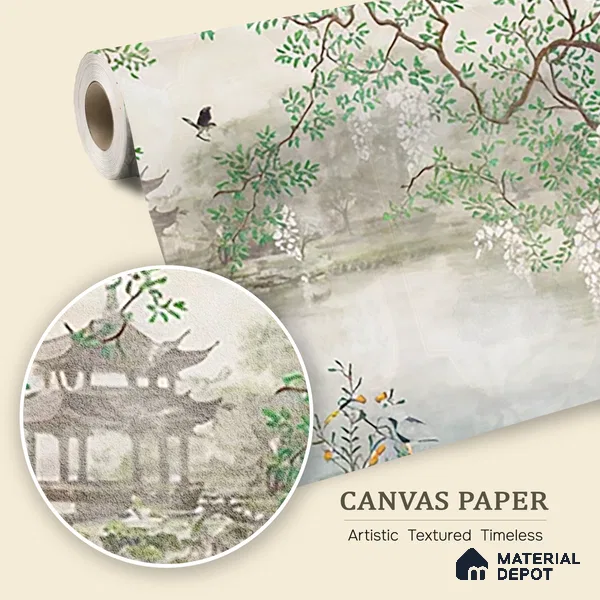 Whispering Grove Chinoserie Blossom Oriental Mural Art | WP 04008 B Canvas Texture Finish Chinoiserie Style luxurious Customized size Wallpaper | 250 GSM WP01CNF Paper | (MOQ = 30 Sq. Ft.)