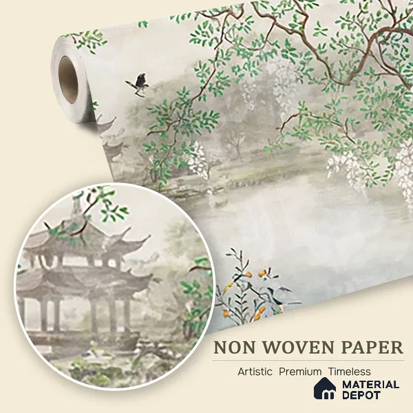 Whispering Grove Chinoserie Blossom Oriental Mural Art | WP 04008 Non Woven Matte Finish Chinoiserie Style Premium Customized size Wallpaper | 150 GSM WP01MTF Paper | (MOQ = 30 Sq. Ft.)