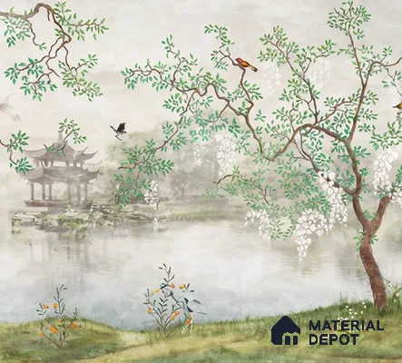 Whispering Grove Chinoserie Blossom Oriental Mural Art | WP 04008 B Canvas Texture Finish Chinoiserie Style luxurious Customized size Wallpaper | 250 GSM WP01CNF Paper | (MOQ = 30 Sq. Ft.)