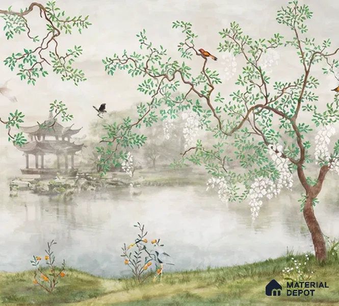 Whispering Grove Chinoserie Blossom Oriental Mural Art | WP 04008 B Canvas Texture Finish Chinoiserie Style luxurious Customized size Wallpaper | 250 GSM WP01CNF Paper | (MOQ = 30 Sq. Ft.)