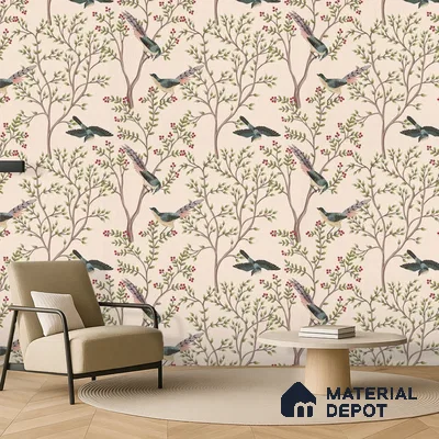 Berrywing Grove Chinoserie Blossom Oriental Mural Art | WP 04012 B Canvas Texture Finish Chinoiserie Style luxurious Customized size Wallpaper | 250 GSM WP01CNF Paper | (MOQ = 30 Sq. Ft.)