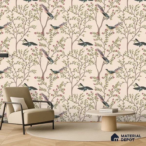Berrywing Grove Chinoserie Blossom Oriental Mural Art | WP 04012 B Canvas Texture Finish Chinoiserie Style luxurious Customized size Wallpaper | 250 GSM WP01CNF Paper | (MOQ = 30 Sq. Ft.)