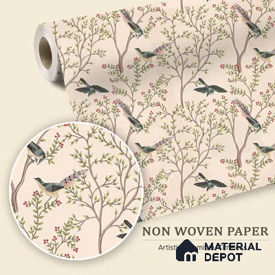 Berrywing Grove Chinoserie Blossom Oriental Mural Art | WP 04012 Non Woven Matte Finish Chinoiserie Style Premium Customized size Wallpaper | 150 GSM WP01MTF Paper | (MOQ = 30 Sq. Ft.)