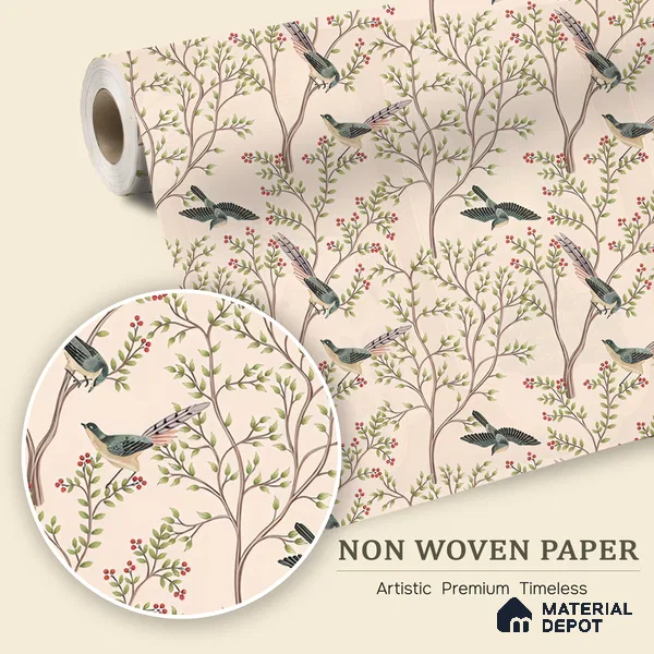 Berrywing Grove Chinoserie Blossom Oriental Mural Art | WP 04012 Non Woven Matte Finish Chinoiserie Style Premium Customized size Wallpaper | 150 GSM WP01MTF Paper | (MOQ = 30 Sq. Ft.)