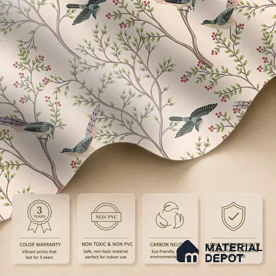 Berrywing Grove Chinoserie Blossom Oriental Mural Art | WP 04012 Non Woven Matte Finish Chinoiserie Style Premium Customized size Wallpaper | 150 GSM WP01MTF Paper | (MOQ = 30 Sq. Ft.)
