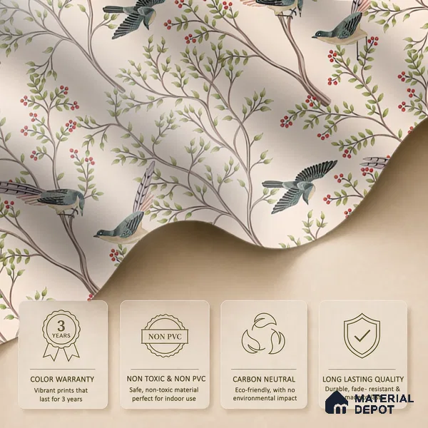 Berrywing Grove Chinoserie Blossom Oriental Mural Art | WP 04012 Non Woven Matte Finish Chinoiserie Style Premium Customized size Wallpaper | 150 GSM WP01MTF Paper | (MOQ = 30 Sq. Ft.)