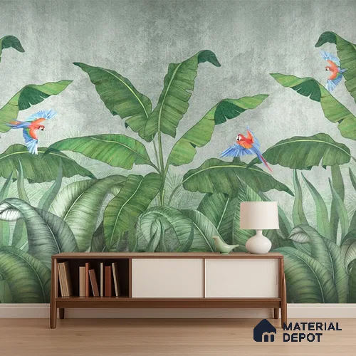 Emerald Banana Grove Abstract Nature Art | WP 04014 B Canvas Texture Finish Tropical Style luxurious Customized size Wallpaper | 250 GSM WP01CNF Paper | (MOQ = 30 Sq. Ft.)