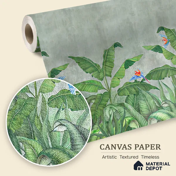 Emerald Banana Grove Abstract Nature Art | WP 04014 B Canvas Texture Finish Tropical Style luxurious Customized size Wallpaper | 250 GSM WP01CNF Paper | (MOQ = 30 Sq. Ft.)