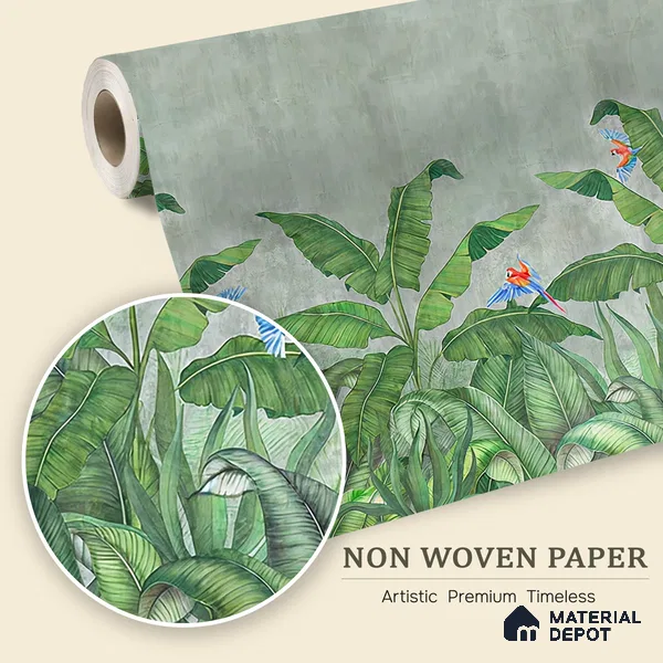 Emerald Banana Grove Abstract Nature Art | WP 04014 Non Woven Matte Finish Tropical Style Premium Customized size Wallpaper | 150 GSM WP01MTF Paper | (MOQ = 30 Sq. Ft.)