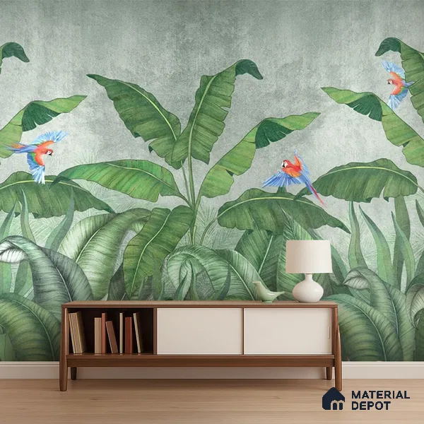 Emerald Banana Grove Abstract Nature Art | WP 04014 Non Woven Matte Finish Tropical Style Premium Customized size Wallpaper | 150 GSM WP01MTF Paper | (MOQ = 30 Sq. Ft.)