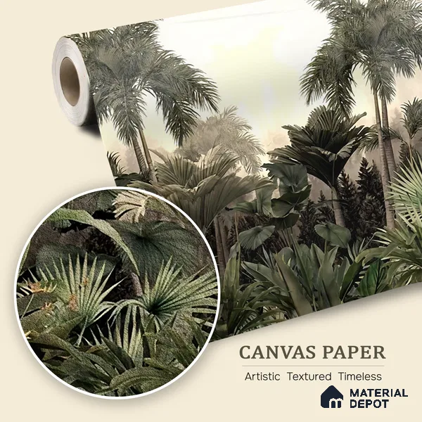 Golden Canopy Dawn Tropical Mist Nature Art | WP 04015 B Canvas Texture Finish Tropical Style luxurious Customized size Wallpaper | 250 GSM WP01CNF Paper | (MOQ = 30 Sq. Ft.)