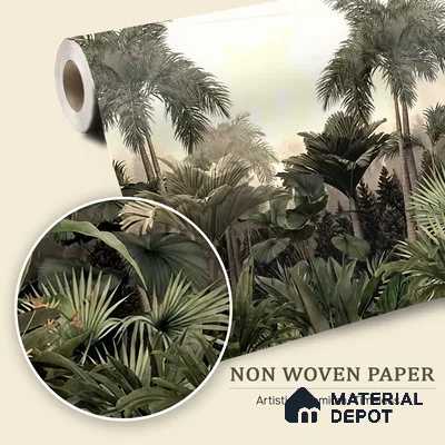 Golden Canopy Dawn Tropical Mist Nature Art | WP 04015 Non Woven Matte Finish Tropical Style Premium Customized size Wallpaper | 150 GSM WP01MTF Paper | (MOQ = 30 Sq. Ft.)