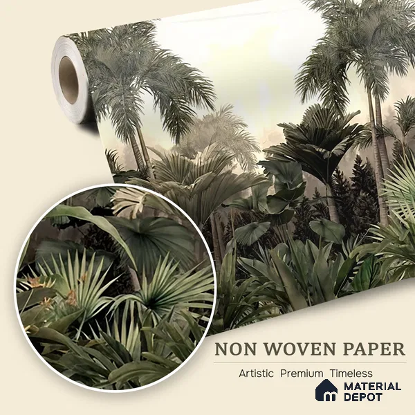 Golden Canopy Dawn Tropical Mist Nature Art | WP 04015 Non Woven Matte Finish Tropical Style Premium Customized size Wallpaper | 150 GSM WP01MTF Paper | (MOQ = 30 Sq. Ft.)