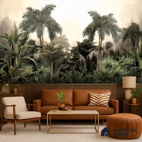 Golden Canopy Dawn Tropical Mist Nature Art | WP 04015 Non Woven Matte Finish Tropical Style Premium Customized size Wallpaper | 150 GSM WP01MTF Paper | (MOQ = 30 Sq. Ft.)