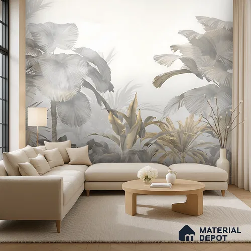 Ivory Palm Haze Tropical Mist Nature Art | WP 04016 B Canvas Texture Finish Tropical Style luxurious Customized size Wallpaper | 250 GSM WP01CNF Paper | (MOQ = 30 Sq. Ft.)