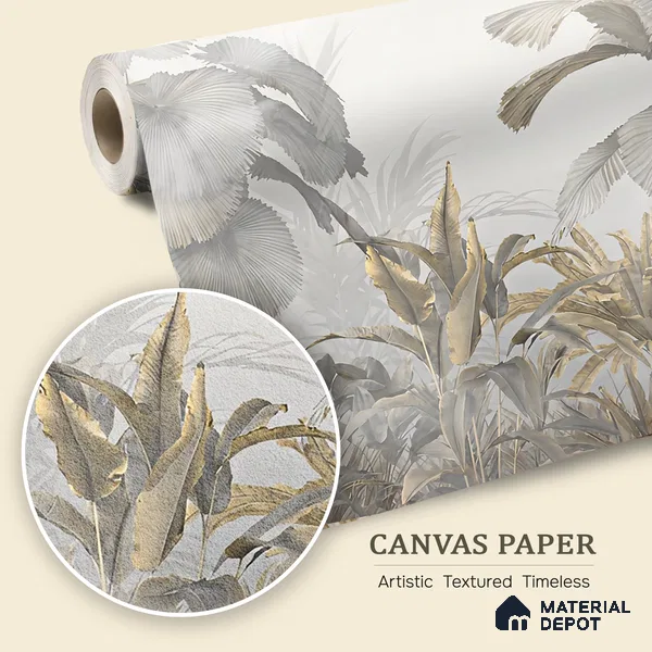 Ivory Palm Haze Tropical Mist Nature Art | WP 04016 B Canvas Texture Finish Tropical Style luxurious Customized size Wallpaper | 250 GSM WP01CNF Paper | (MOQ = 30 Sq. Ft.)
