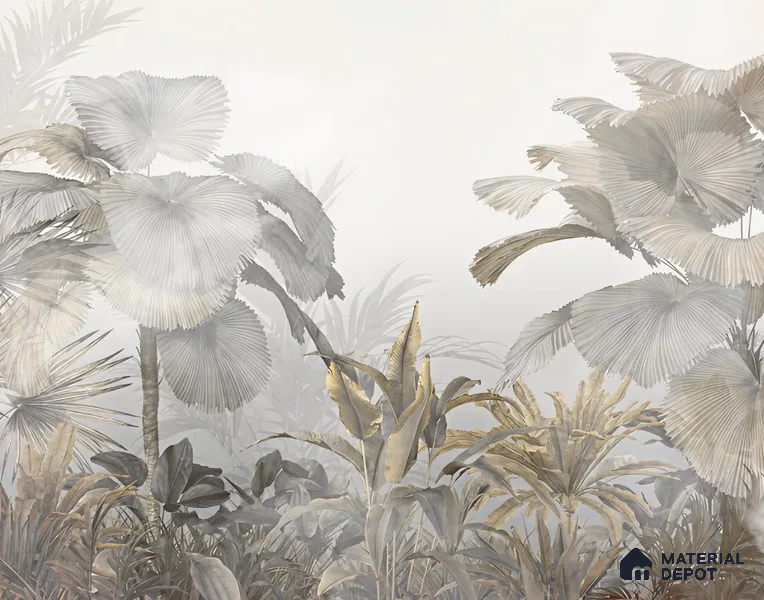 Ivory Palm Haze Tropical Mist Nature Art | WP 04016 B Canvas Texture Finish Tropical Style luxurious Customized size Wallpaper | 250 GSM WP01CNF Paper | (MOQ = 30 Sq. Ft.)