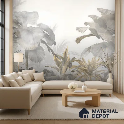 Ivory Palm Haze Tropical Mist Nature Art | WP 04016 Non Woven Matte Finish Tropical Style Premium Customized size Wallpaper | 150 GSM WP01MTF Paper | (MOQ = 30 Sq. Ft.)