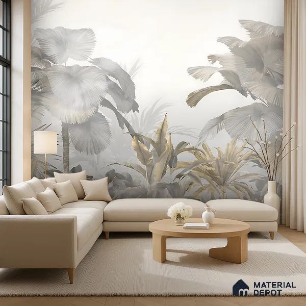 Ivory Palm Haze Tropical Mist Nature Art | WP 04016 Non Woven Matte Finish Tropical Style Premium Customized size Wallpaper | 150 GSM WP01MTF Paper | (MOQ = 30 Sq. Ft.)