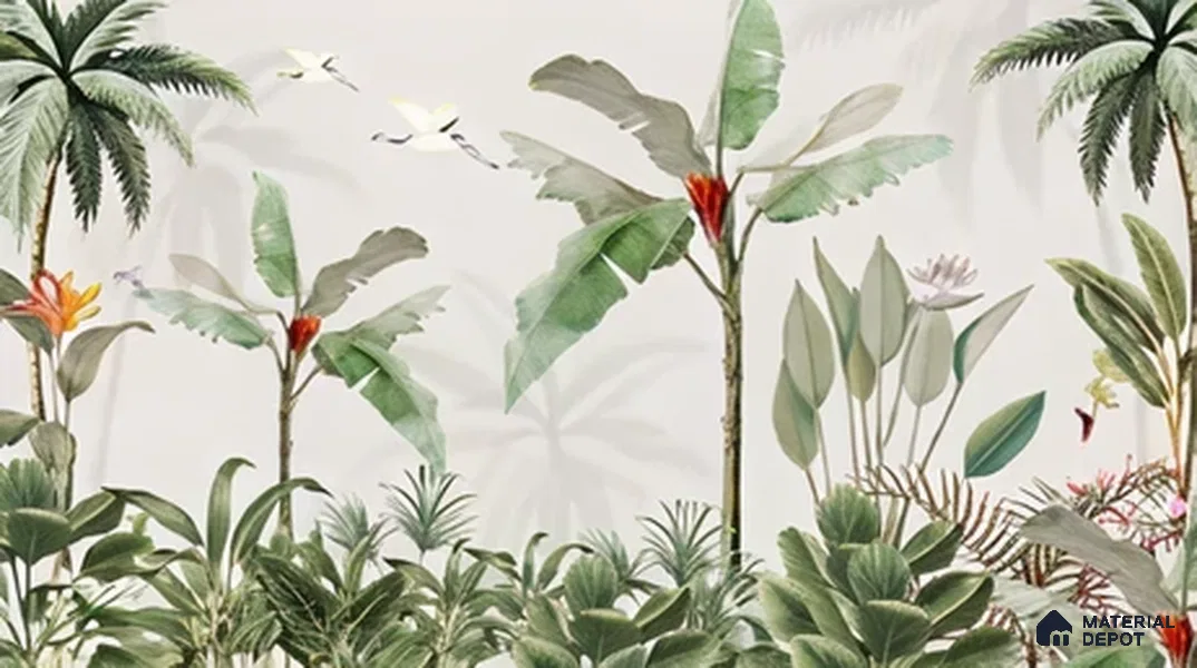 Emerald Banana Grove Tropical Mist Nature Art | WP 04018 B Canvas Texture Finish Tropical Style luxurious Customized size Wallpaper | 250 GSM WP01CNF Paper | (MOQ = 30 Sq. Ft.)