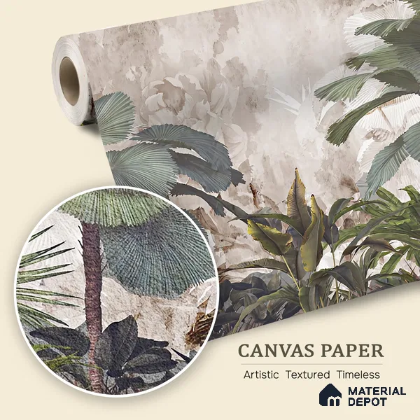 Mistveil Palm Garden Tropical Mist Nature Art | WP 04019 B Canvas Texture Finish Tropical Style luxurious Customized size Wallpaper | 250 GSM WP01CNF Paper | (MOQ = 30 Sq. Ft.)