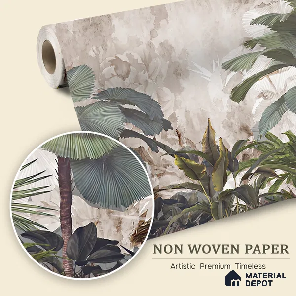 Mistveil Palm Garden Tropical Mist Nature Art | WP 04019 Non Woven Matte Finish Tropical Style Premium Customized size Wallpaper | 150 GSM WP01MTF Paper | (MOQ = 30 Sq. Ft.)