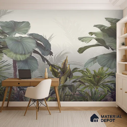 Mistveil Palm Garden Tropical Mist Nature Art | WP 04019 Non Woven Matte Finish Tropical Style Premium Customized size Wallpaper | 150 GSM WP01MTF Paper | (MOQ = 30 Sq. Ft.)