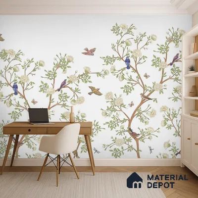 Ivory Branch Serenade Chinoserie Blossom Oriental Mural Art | WP 04020 B Canvas Texture Finish Chinoiserie Style luxurious Customized size Wallpaper | 250 GSM WP01CNF Paper | (MOQ = 30 Sq. Ft.)