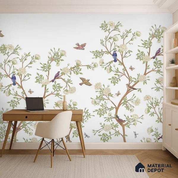Ivory Branch Serenade Chinoserie Blossom Oriental Mural Art | WP 04020 B Canvas Texture Finish Chinoiserie Style luxurious Customized size Wallpaper | 250 GSM WP01CNF Paper | (MOQ = 30 Sq. Ft.)