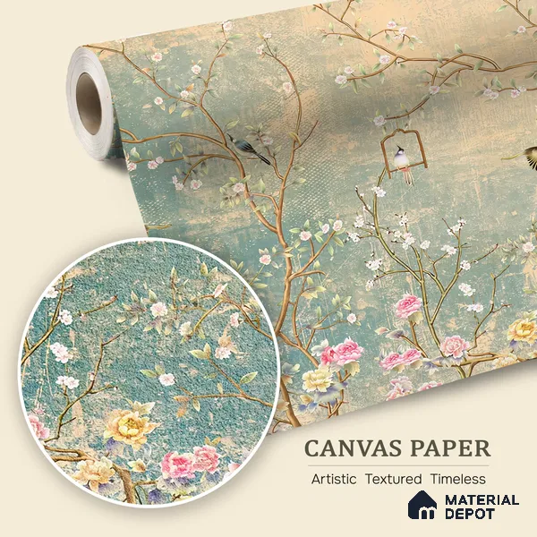 Whispers Among the Branches Tropical Mist Nature Art | WP 04025 B Canvas Texture Finish Chinoiserie Style luxurious Customized size Wallpaper | 250 GSM WP01CNF Paper | (MOQ = 30 Sq. Ft.)