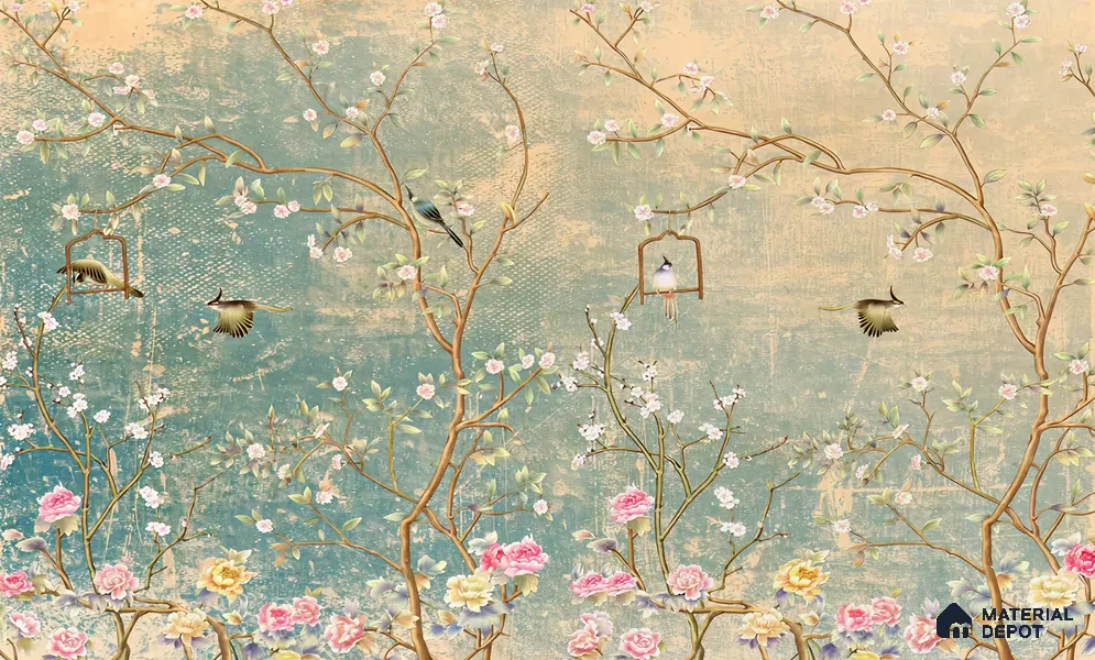 Whispers Among the Branches Tropical Mist Nature Art | WP 04025 B Canvas Texture Finish Chinoiserie Style luxurious Customized size Wallpaper | 250 GSM WP01CNF Paper | (MOQ = 30 Sq. Ft.)