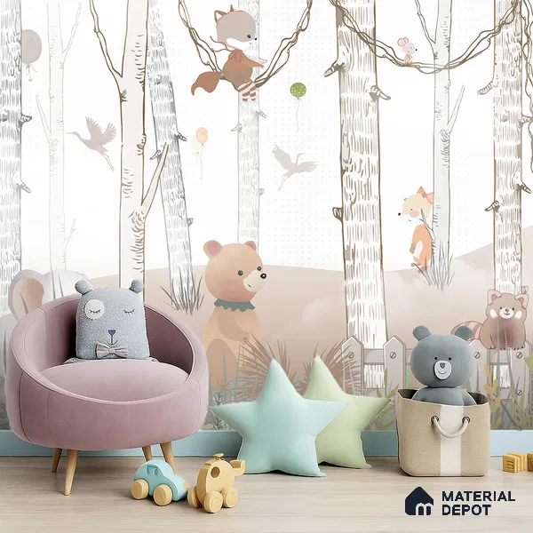 Little Friends of Birchwood Animals In Vintage Forest | WP 04038 B Non Woven Matte Finish Animal Print Style Premium Customized size Wallpaper | 150 GSM WP01MTF Paper | (MOQ = 30 Sq. Ft.) | Design change not possible