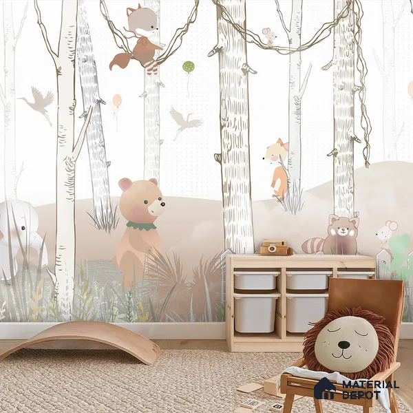 Little Friends of Birchwood Animals In Vintage Forest | WP 04038 B Non Woven Matte Finish Animal Print Style Premium Customized size Wallpaper | 150 GSM WP01MTF Paper | (MOQ = 30 Sq. Ft.) | Design change not possible