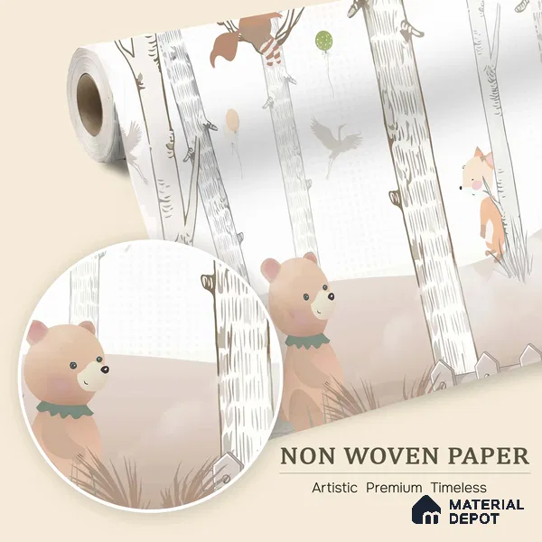 Little Friends of Birchwood Animals In Vintage Forest | WP 04038 B Non Woven Matte Finish Animal Print Style Premium Customized size Wallpaper | 150 GSM WP01MTF Paper | (MOQ = 30 Sq. Ft.) | Design change not possible