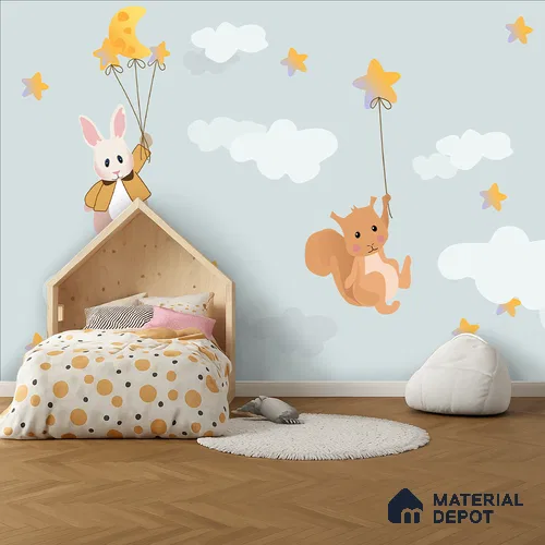 Floating Under a Gentle Moon Nighttime Animal Scene With Stars | WP 04040 B Non Woven Matte Finish Animal Print Style Premium Customized size Wallpaper | 150 GSM WP01MTF Paper | (MOQ = 30 Sq. Ft.)