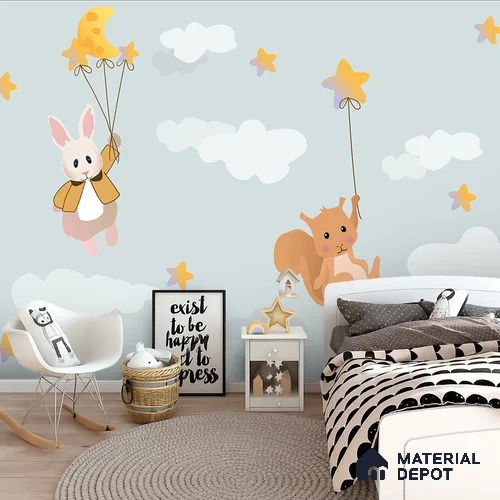 Floating Under a Gentle Moon Nighttime Animal Scene With Stars | WP 04040 Canvas Texture Finish Animal Print Style luxurious Customized size Wallpaper | 250 GSM WP01CNF Paper | (MOQ = 30 Sq. Ft.)